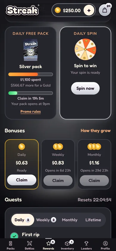 The Rewards screen: today's free pack, the daily spin and the daily, weekly and monthly bonuses